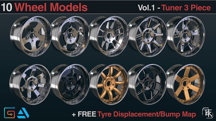 ArtStation Marketplace – 10 Wheels / Rims Models – Tuner 3 Piece Vol 01